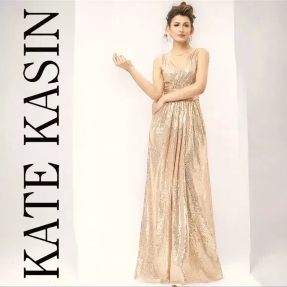 Kate Kasin gold sequin maxi dress evening gown - NWT - women’s size 6